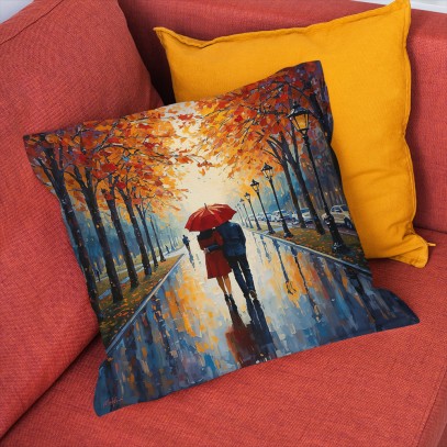 3D есенна възглавница Влюбени под дъжда - Lovers in the Rain